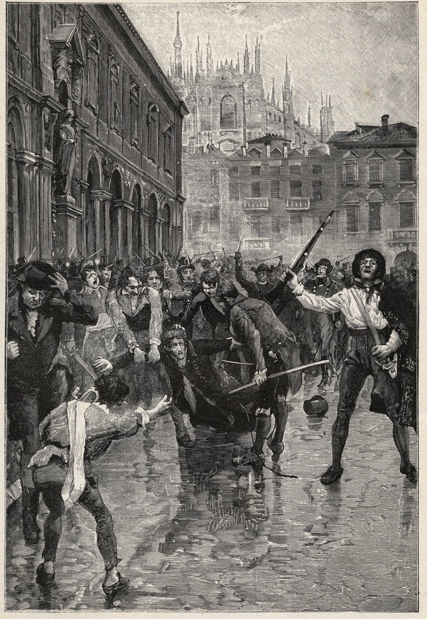 La abdicación de Napoleón provoca disturbios en Milán, y Giuseppe Prina, el impopular ministro de finanzas, es arrastrado por las calles y finalmente asesinado por la multitud en la Piazza San Fedele en Milán, 20 de abril de Unknown artist