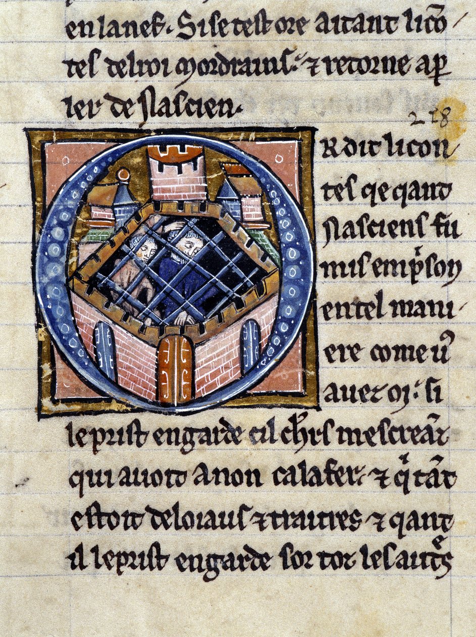 Nascion en prisión. Manuscrito: Conquista del Santo Grial, escrito 717 años después de la pasión de nuestro señor. Biblioteca municipal de Rennes, ms. 255 (Colección de novelas de la Mesa Redonda); París de Unknown artist