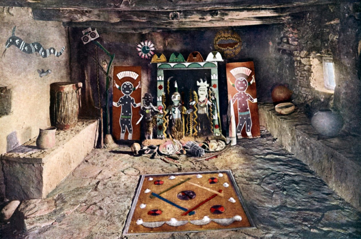 Sala del altar nativo americano de la sociedad Powamu en una casa Hopi, Gran Cañón, Arizona de Unknown artist