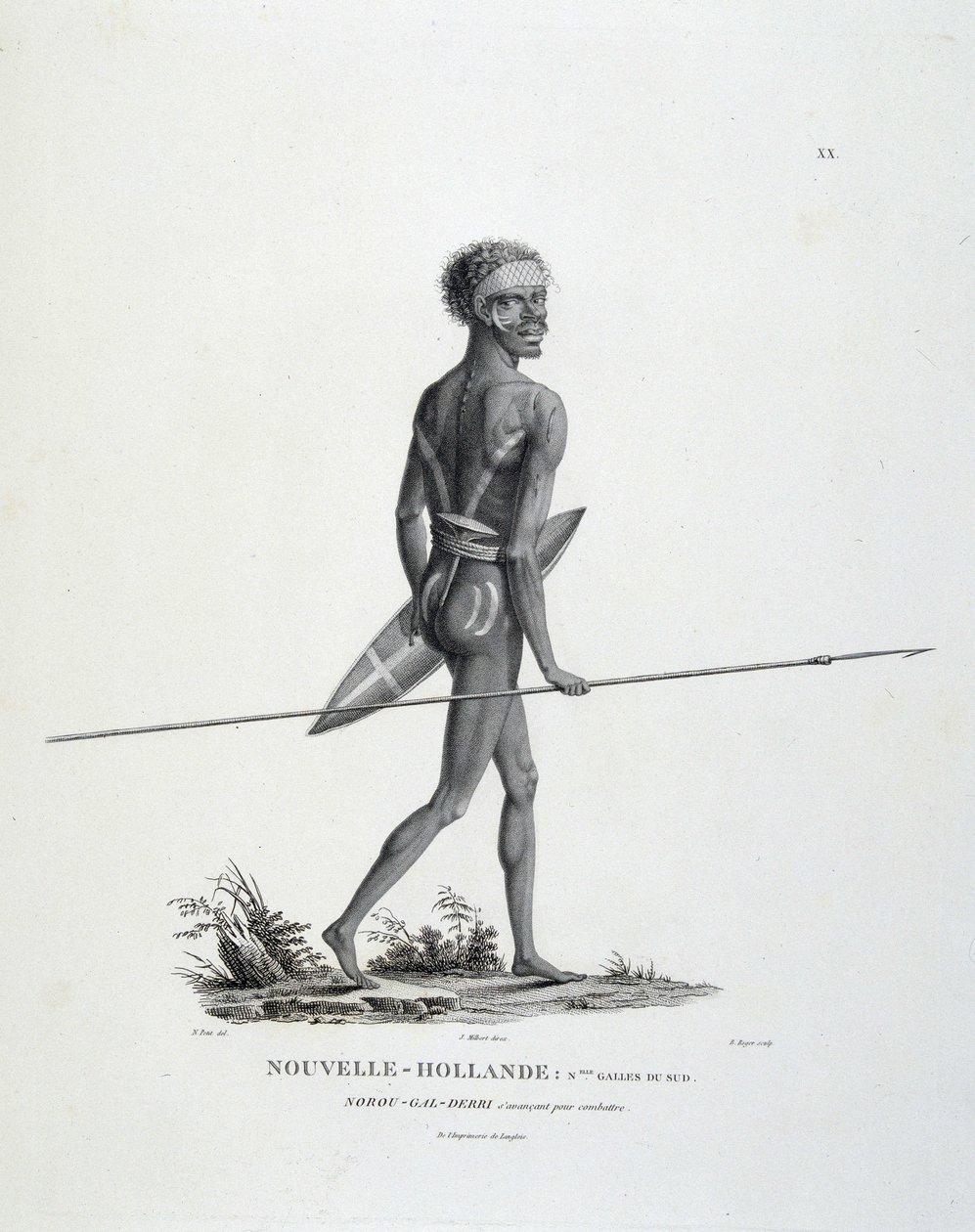 Nativo North-Gal-Derri de Nueva Gales del Sur de Nueva Holanda avanzando para luchar - en "Journey of Discoveries to the Southern Lands" de Messrs. Lesueur y Peer de Unknown artist