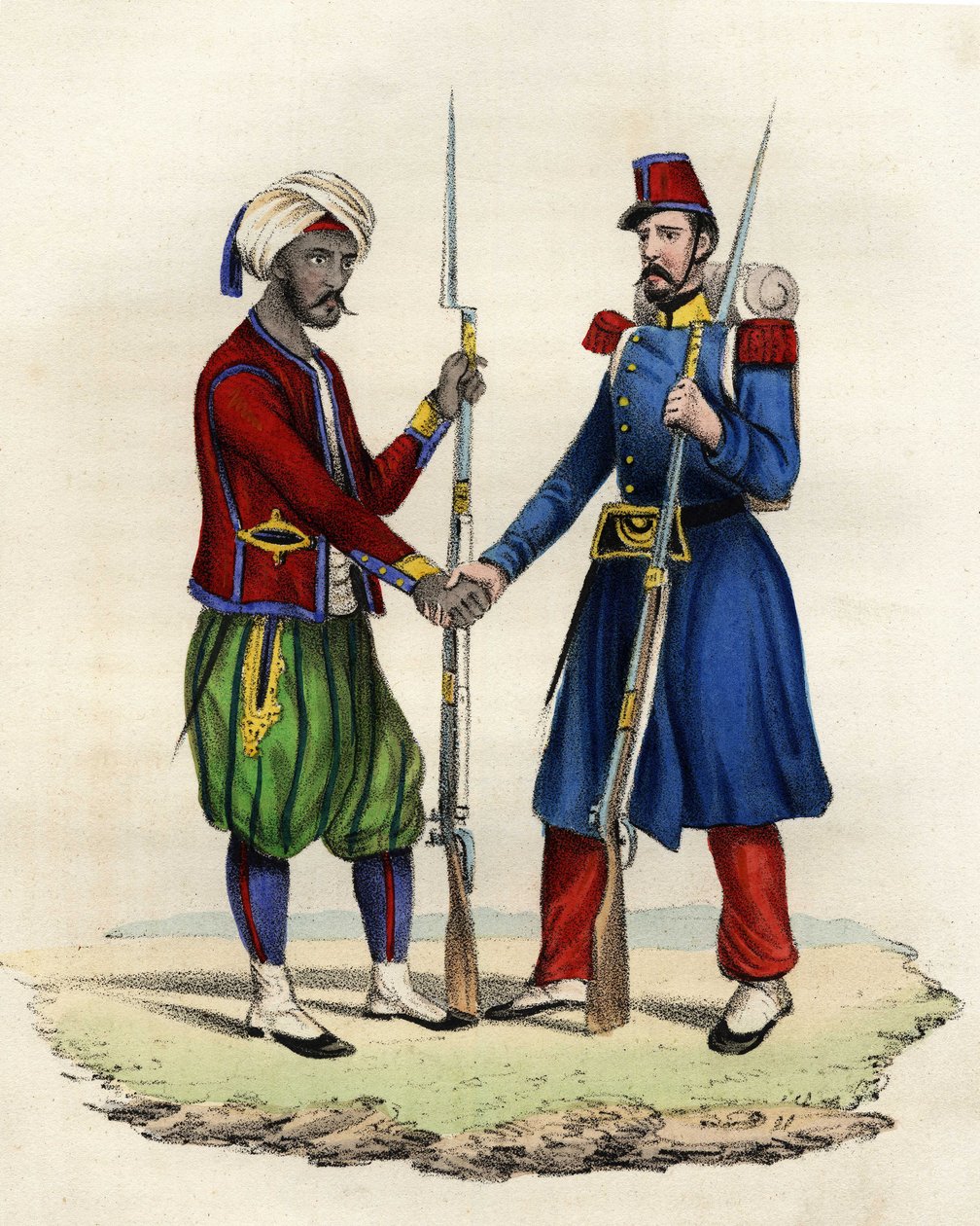 Cazadores nativos y franceses del ejército francés de África en Argelia en 1830. En “Storia d