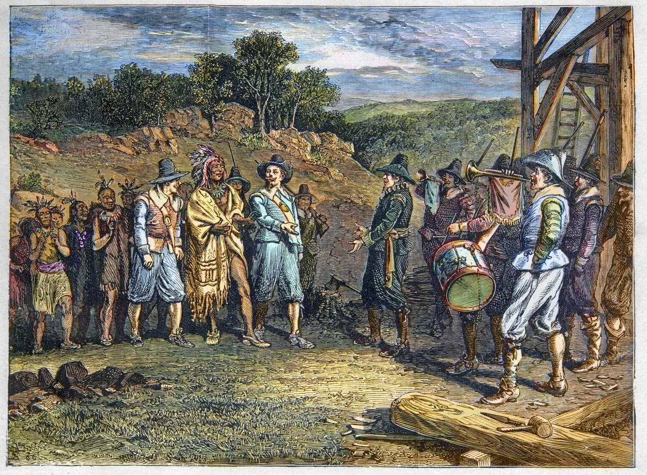 Población nativa de América: Indios. Los colonos se encontraron con Massasoit (1590-1661) también conocido como Ousamequin “Pluma Amarilla” jefe de la tribu Wampanoag, Colonia de Plymouth, años 1620. El líder Wampanoag Massasoit visitando a los colonos en  de Unknown artist