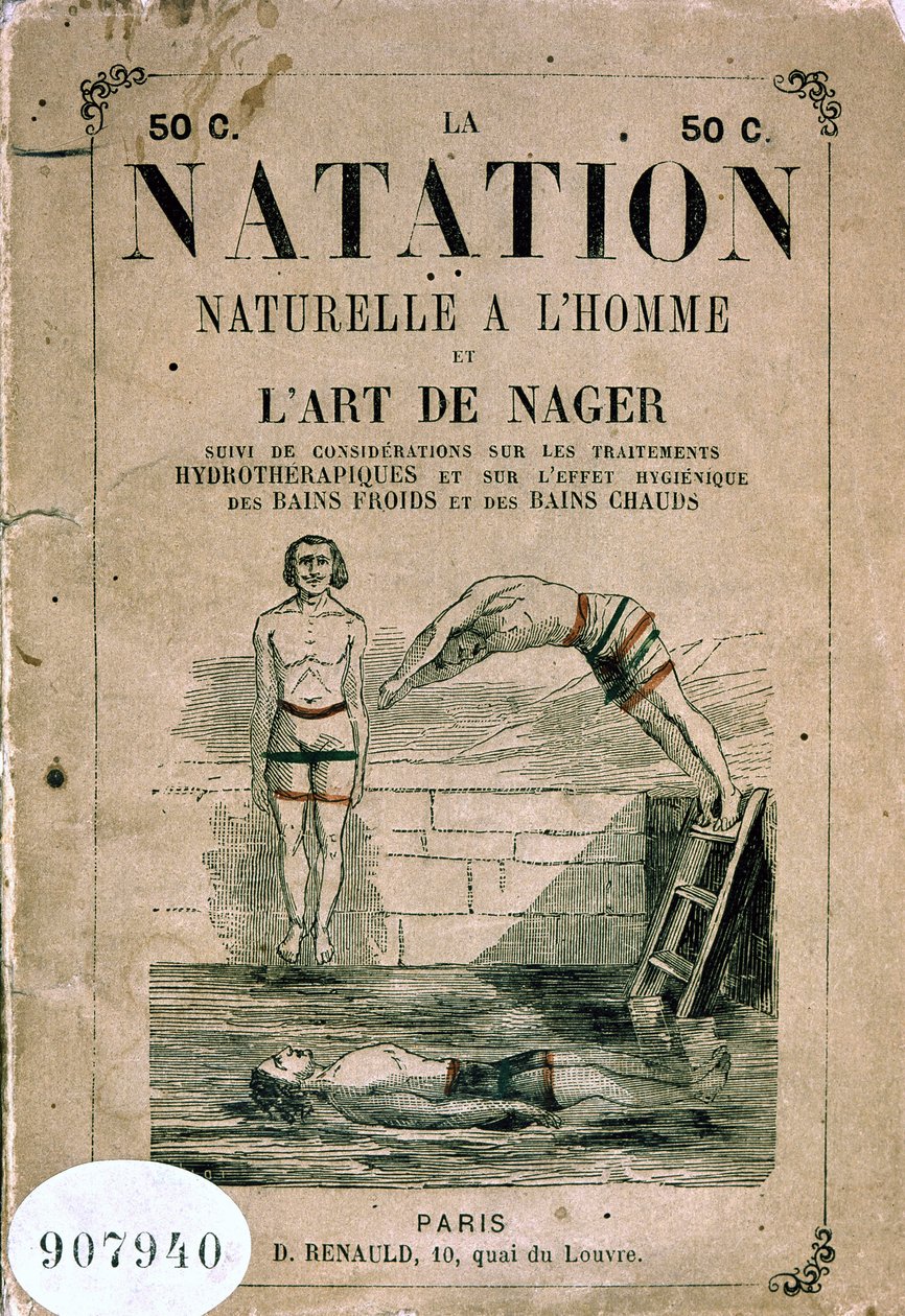 Natación natural con hombre y el arte de nadar, y consideraciones sobre tratamientos de hidroterapia y el efecto higiénico de los baños fríos y calientes - Frontispicio, finales del siglo XIX de Unknown artist