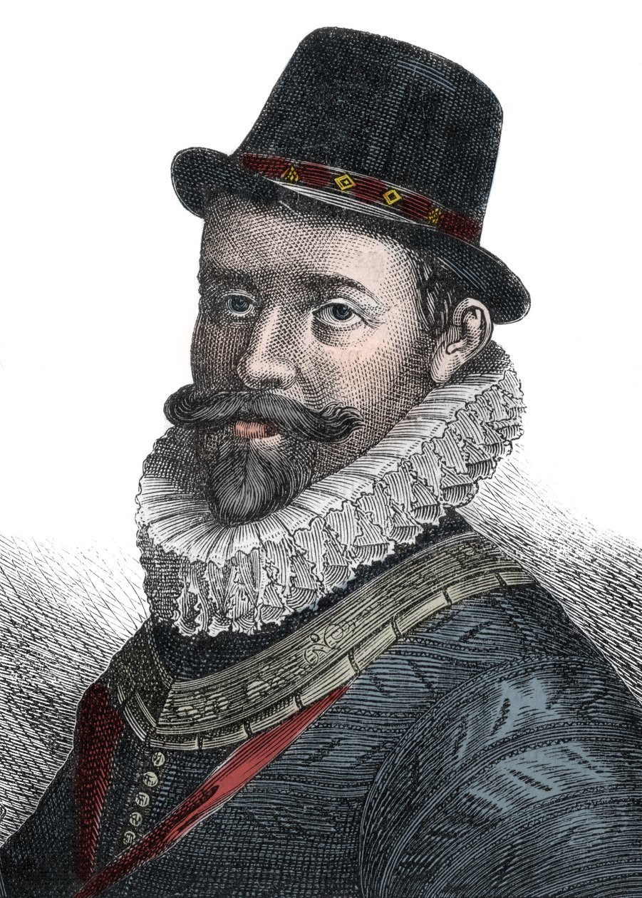 Administración Naval y Comandante Sir John Hawkins (1532-1595) - Retrato de Sir John Hawkins (Hawkyns) (1532-1595), almirante inglés, constructor de barcos, navegante y comerciante de esclavos. Grabado del siglo XIX de Unknown artist