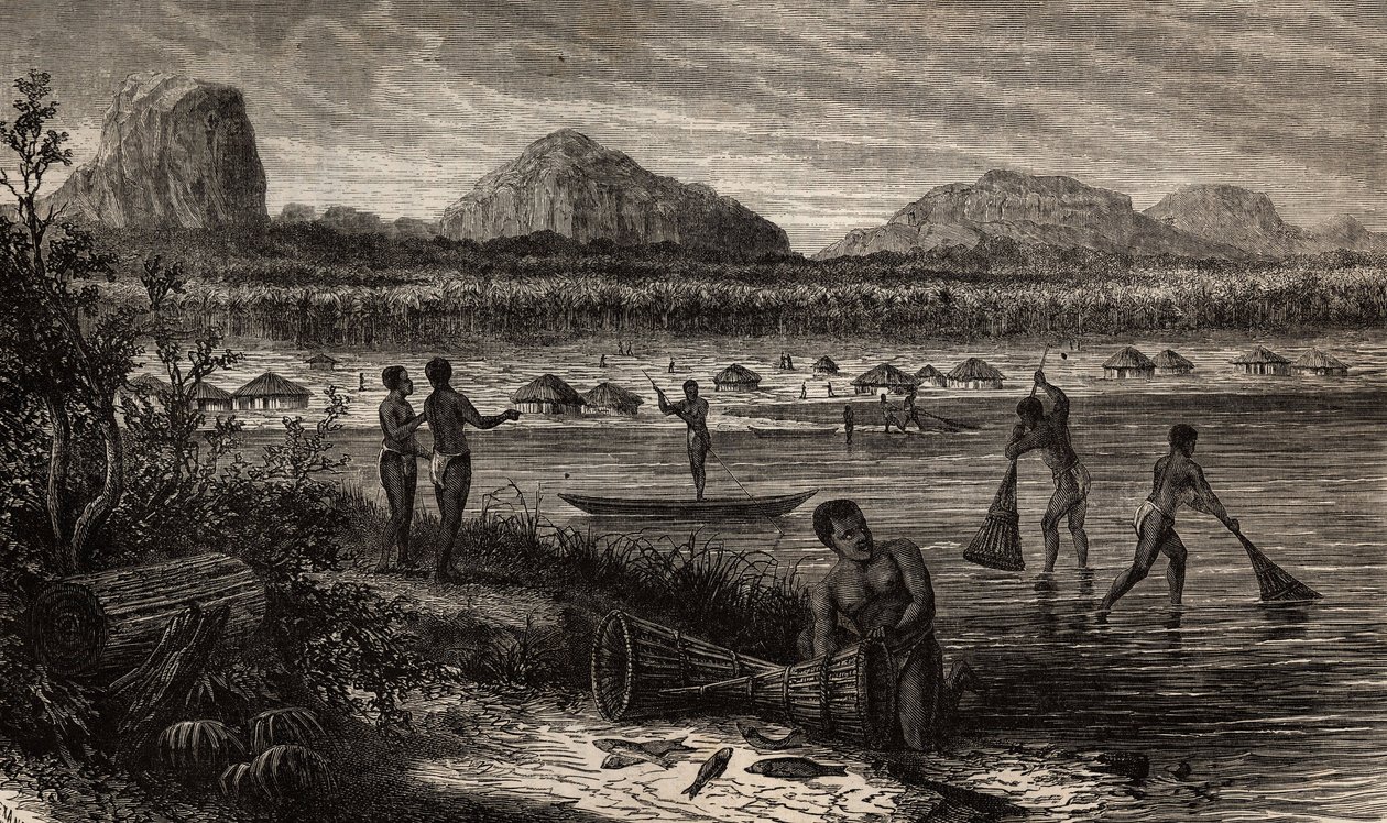 Cerca de las cataratas del Rovuma (Mozambique), las actividades de pesca. Grabado para ilustrar los primeros viajes del Dr. Livingstone al sur de África de 1840 a 1856, en “Le tour du monde, nouveau journal des voyages” publicado bajo la dirección de Edoua de Unknown artist