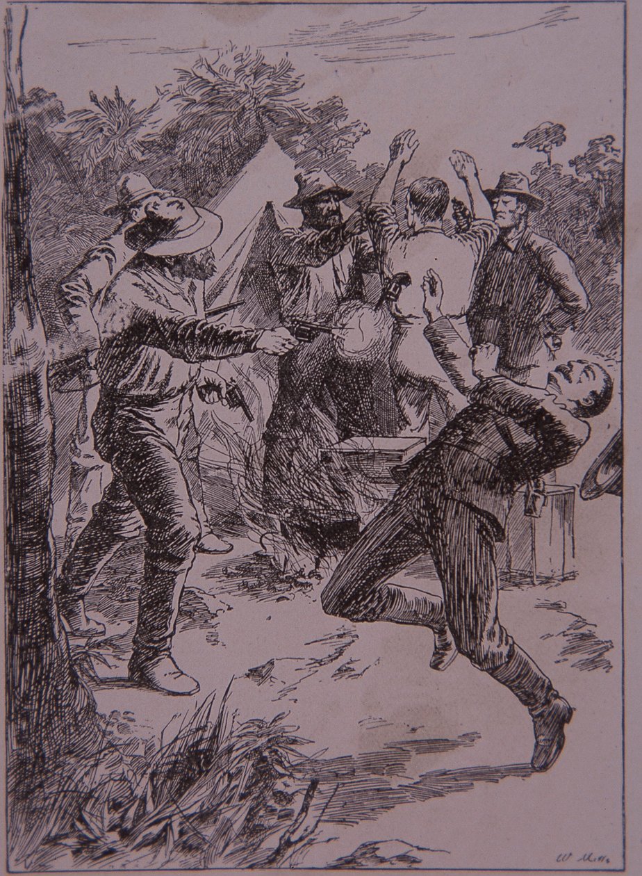 Ned Kelly mata al policía Lonigan en Stringybark Creek en 1878 (grabado) de Unknown artist