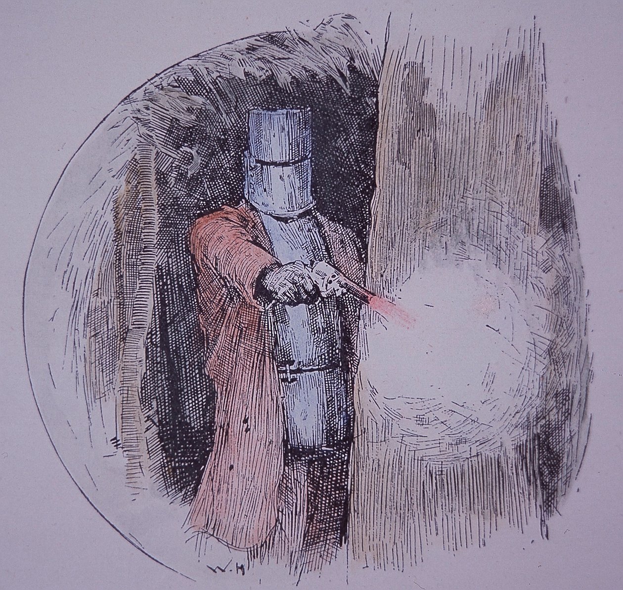 Ned Kelly con su armadura casera, en confrontación con la policía (grabado coloreado a mano) de Unknown artist