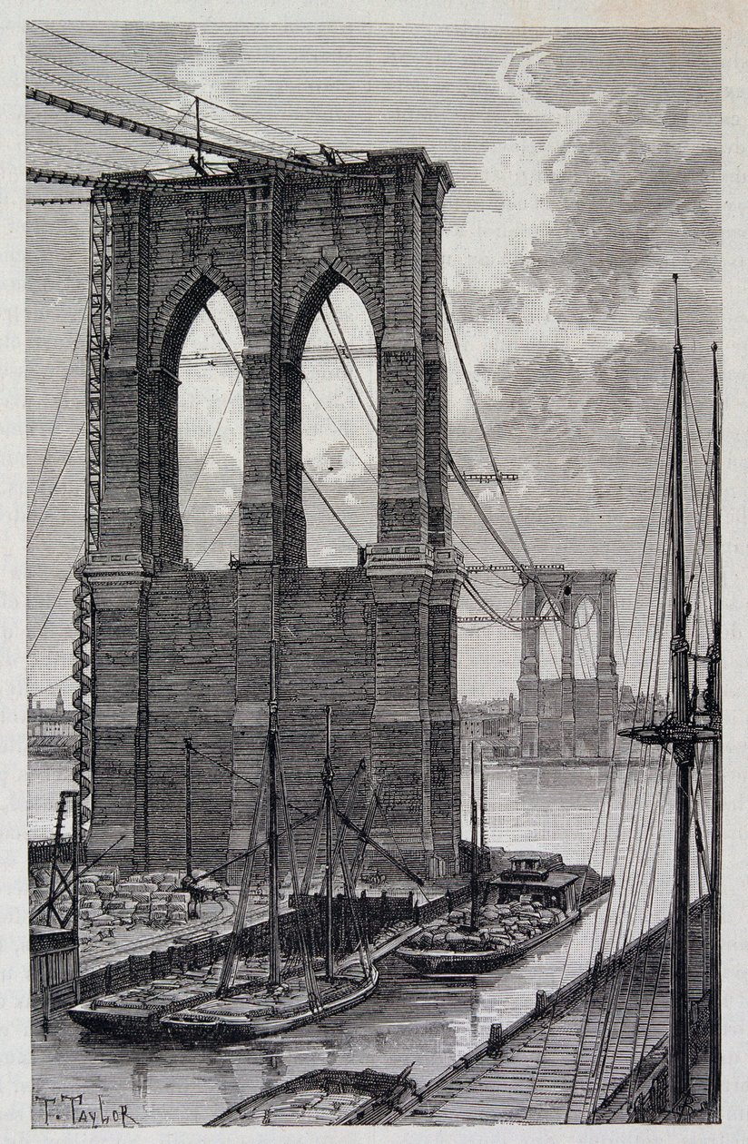 Nueva York: pilares del Puente de Brooklyn en construcción - en "Le Tour du Monde", 2º semestre 1881 de Unknown artist