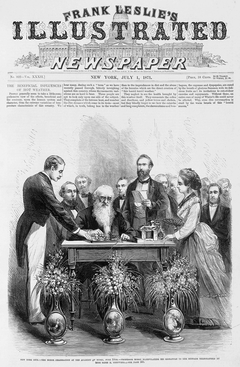 Nueva York - Celebración de Morse en la Academia de Música, 10 de junio - Profesor Morse manipulando su firma en el mensaje telegrafiado por Miss Sadie E. Cornwell - en Frank Leslie
