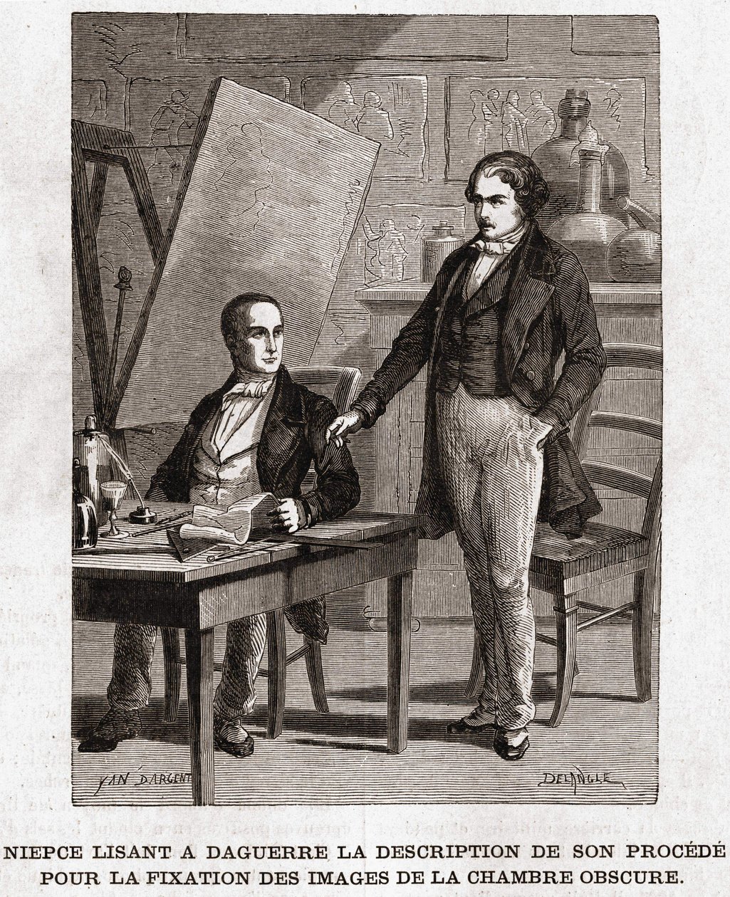 Niepce leyendo a Louis Daguerre la descripción de la Heliografía, para la fijación de imágenes de la cámara oscura - Nicephore Niepce (1765-1833), inventor francés, pionero de la fotografía leyendo a Daguerre la descripción de su método para fijar las imág de Unknown artist