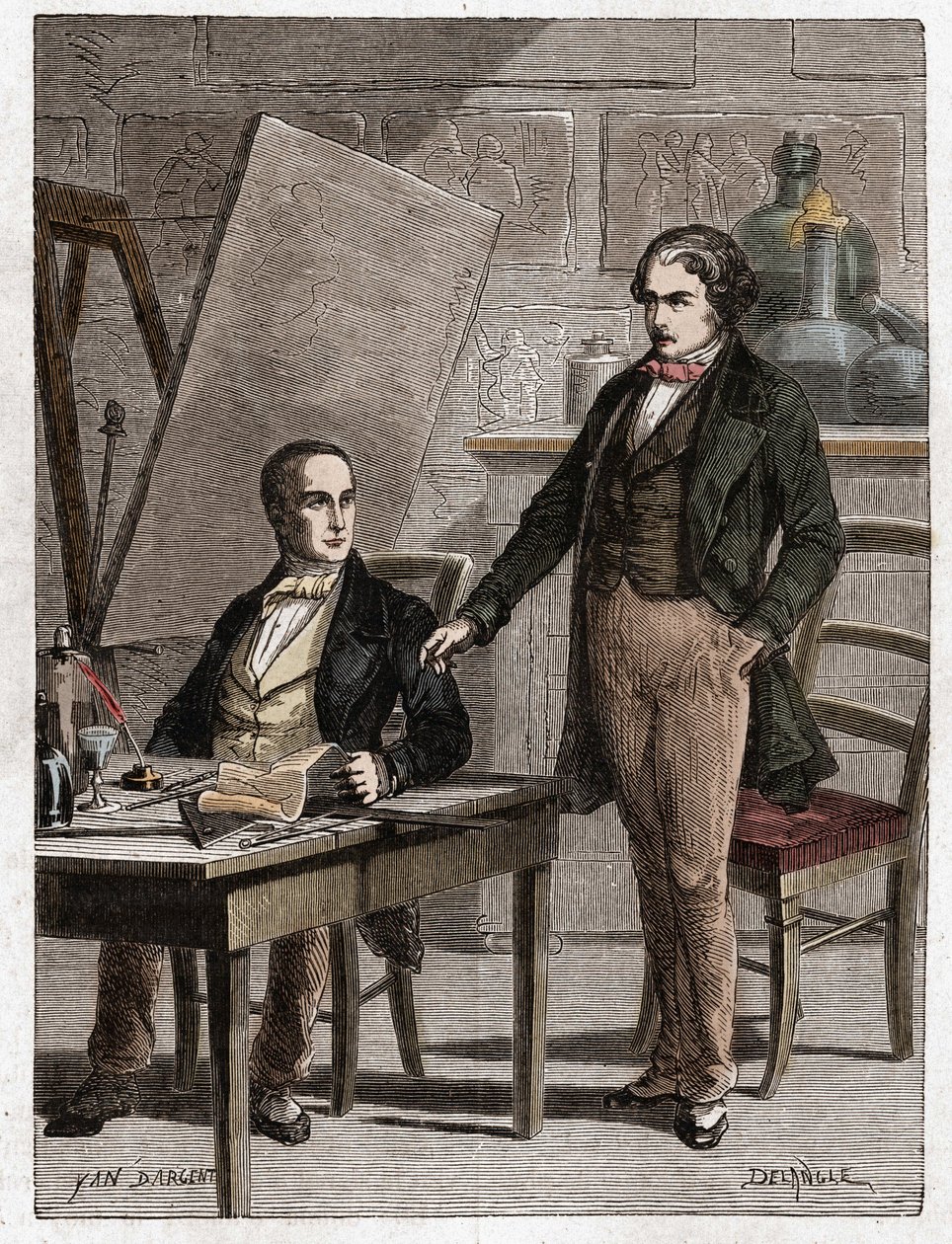 Niepce leyendo a Louis Daguerre la descripción de la Heliografía, para la fijación de imágenes de la cámara oscura - Nicéphore Niepce (1765-1833), inventor francés, pionero de la fotografía leyendo a Daguerre la descripción de su método para la fijación de de Unknown artist