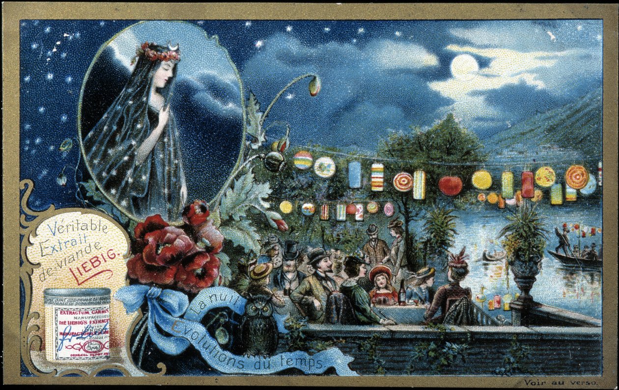 Noche, fiesta nocturna iluminada con faroles, cerca de un lago - cromolitografía de Liebig de Unknown artist