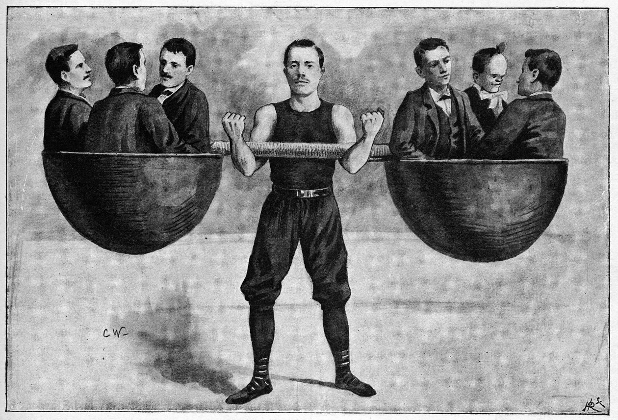 Nino joven italiana de 24 años en el circo de invierno llevando a seis hombres en su brazo. De una foto de 1898. de Unknown artist