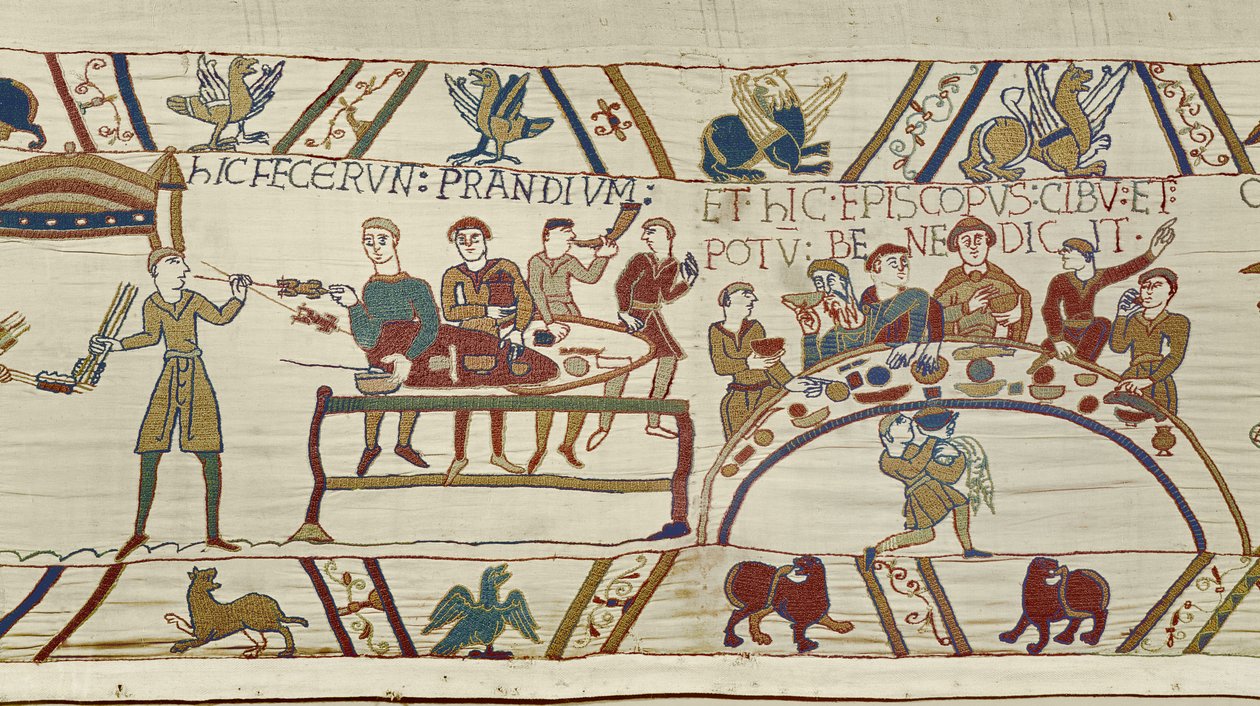 Sirvientes normandos preparan un banquete para Guillermo y el obispo Odo bendice la comida, Tapiz de Bayeux de Unknown artist