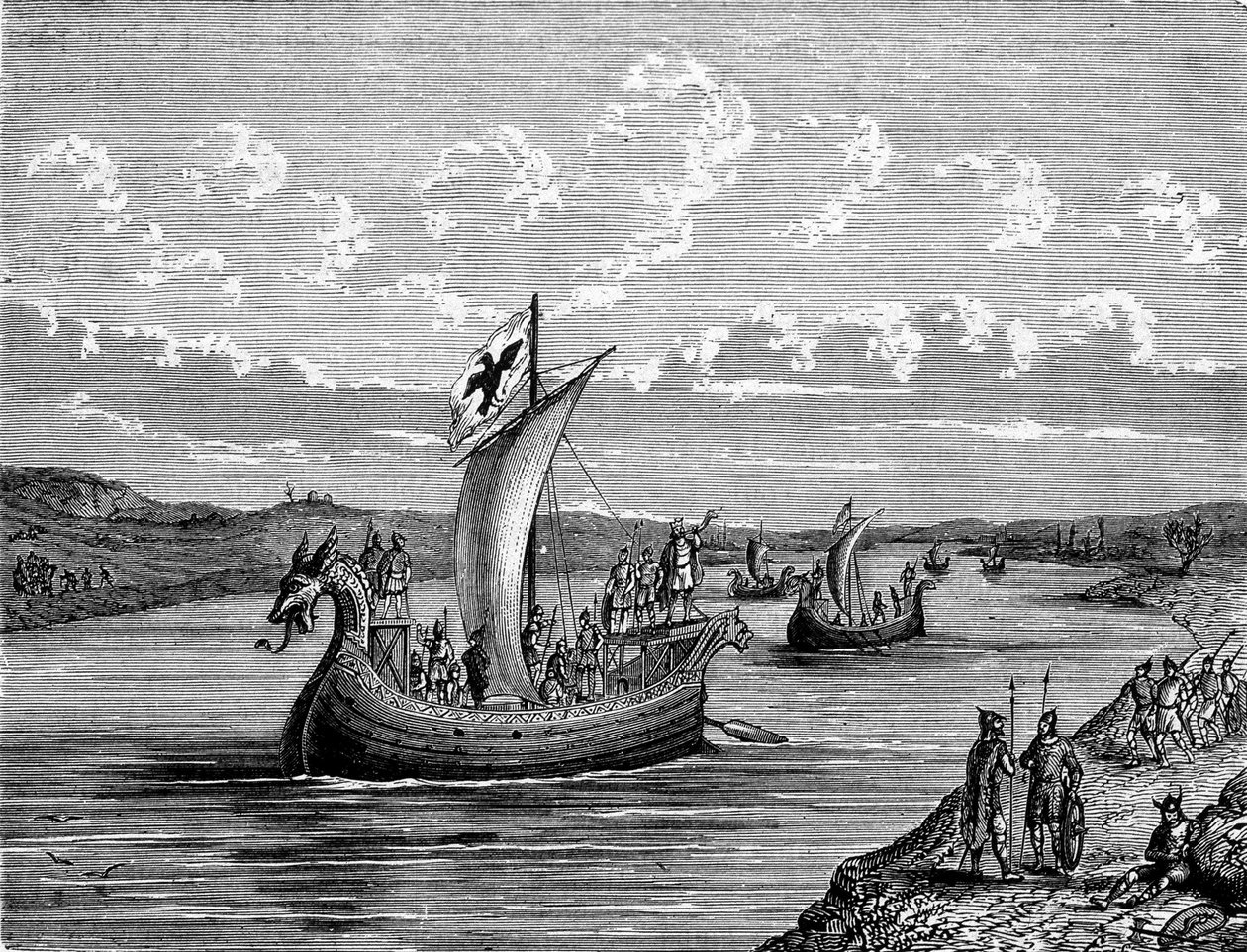 Barcos normandos subiendo un río - grabado de Unknown artist