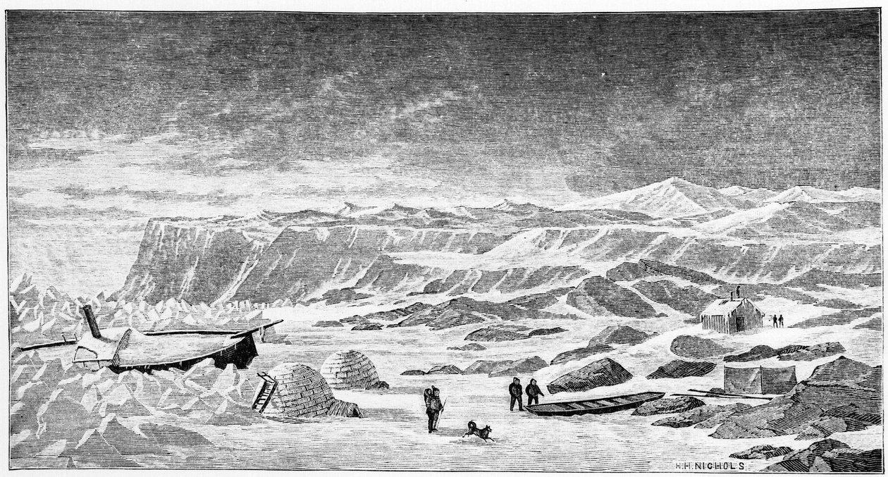 Polo Norte: iglús y barco rompehielos (Ice Breeze), dibujo, primavera de 1873 de Unknown artist