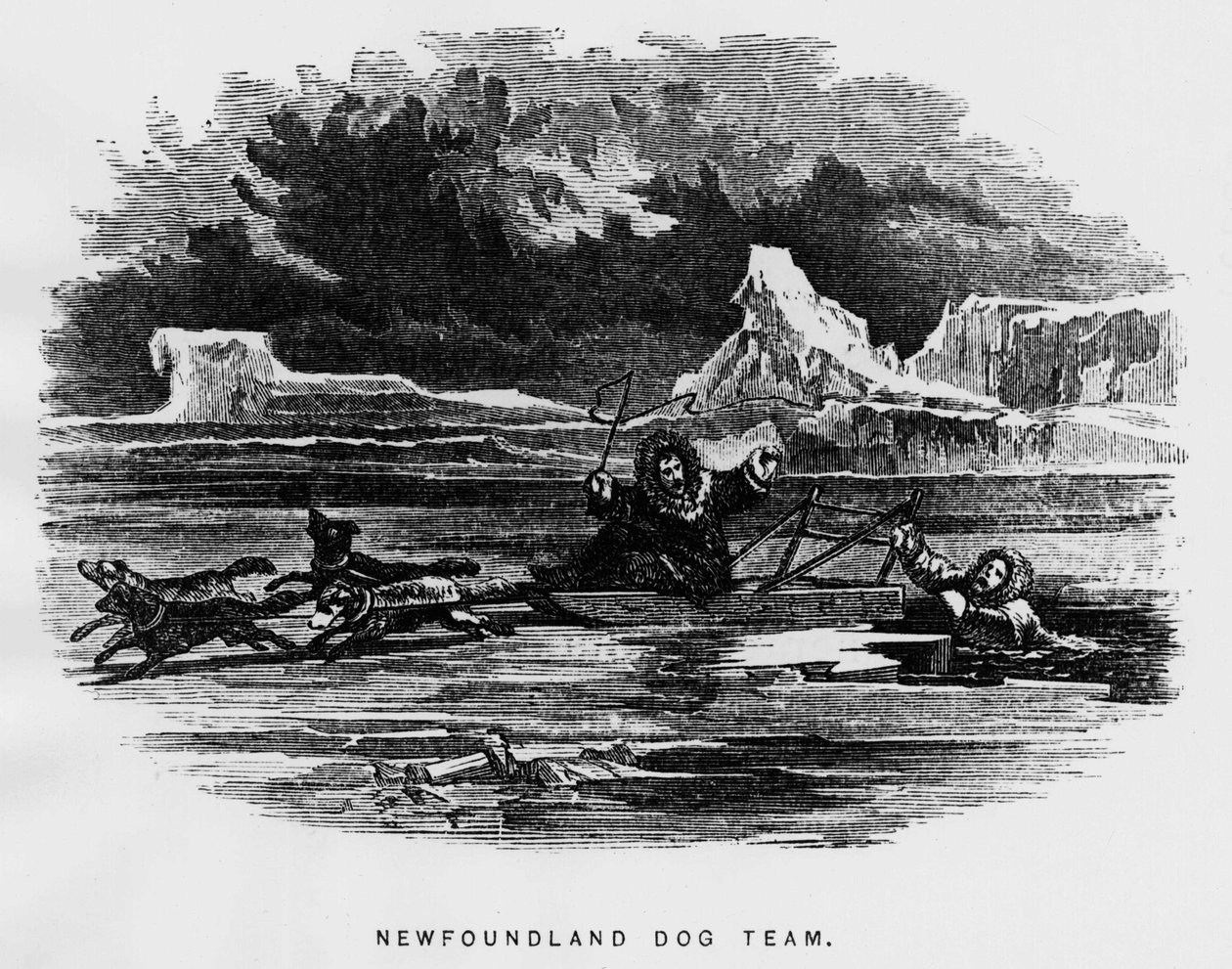 Polo norte: perro de trineo sobre un hombre que cae a través del hielo - Elisha Kent Kane, Exploraciones Árticas en los años 1853-1855, Filadelfia, Childs y Peterson de Unknown artist