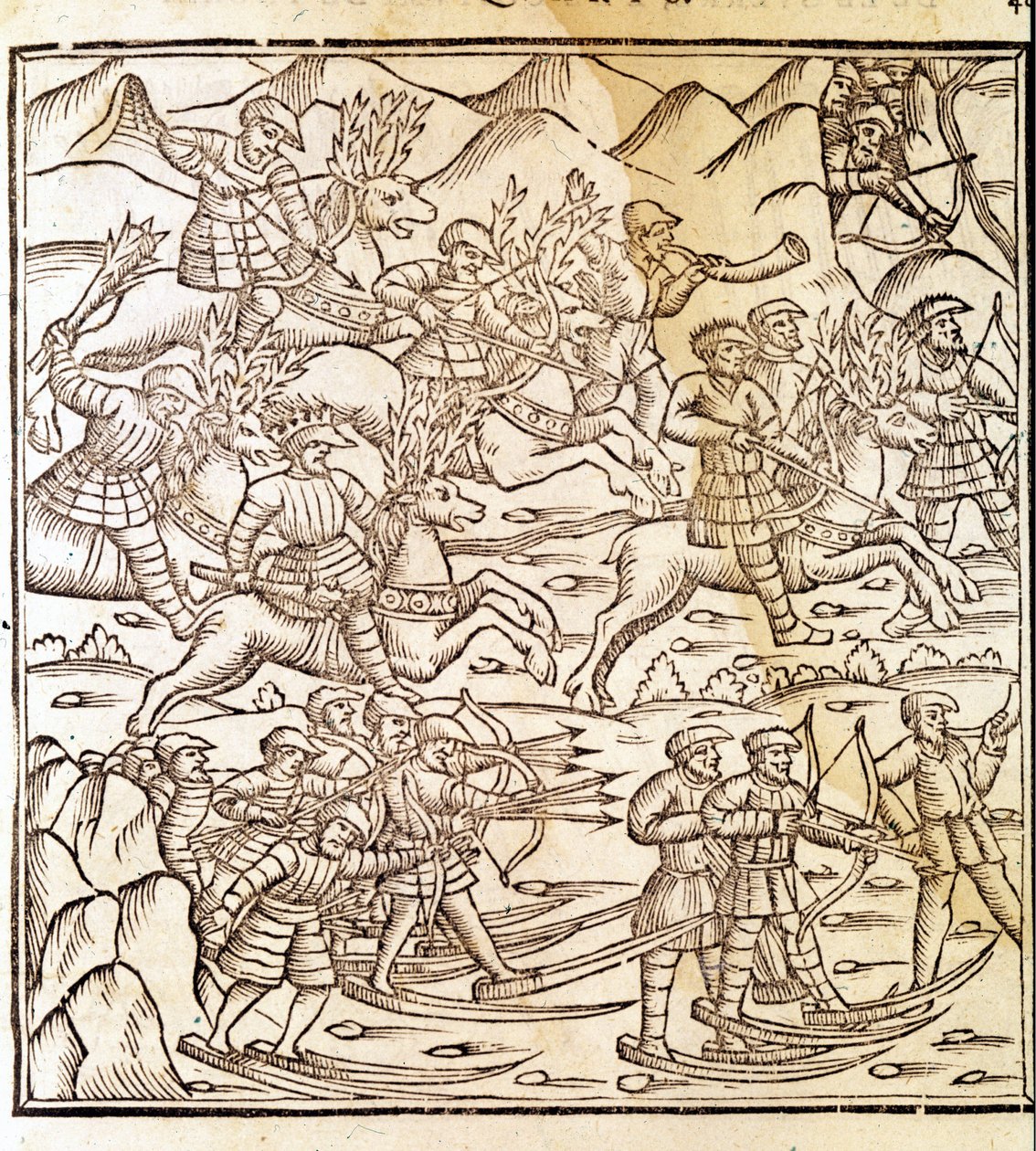 Cazadores noruegos viajando en esquís y renos. Grabado de Olaus Magnus (1490 - 1557), religioso y geógrafo sueco, "Historia de Gentis Septentrionalibus", Venecia de Unknown artist