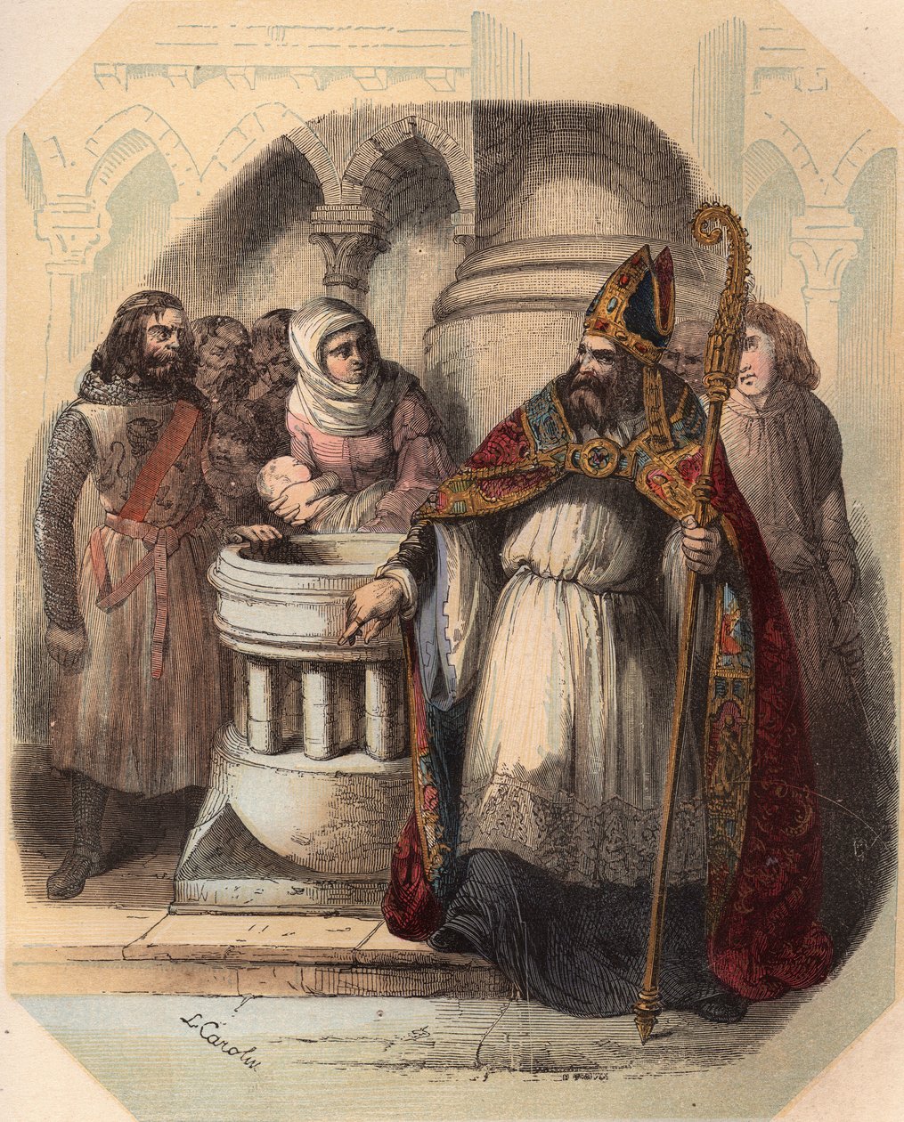 Notger (930-1008) (Notker de Lieja), obispo de Lieja, durante el bautismo de Otón III (980-1002), rey de Alemania. Grabado de 1868 en “Histoire de Belgique desde los tiempos primitivos hasta el final del reinado de Leopoldo I” de Theodore Juste (1818-1888) de Unknown artist
