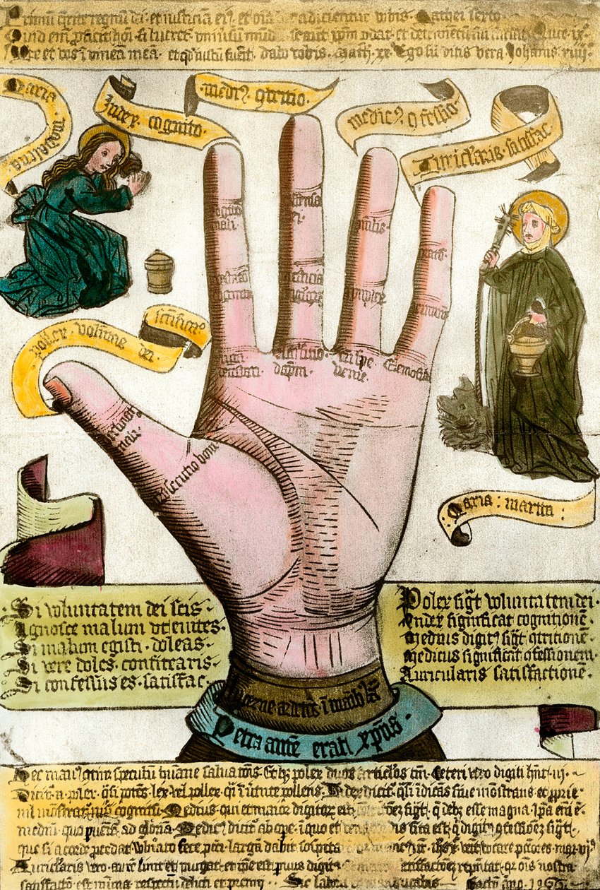 Ciencias ocultas: la mano con sus líneas para leer el futuro. Lámina extraída de una quiromancia de Unknown artist