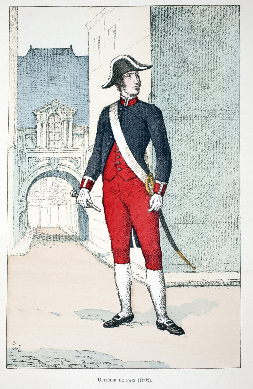 Oficial de Paz (1802). Aguafuerte en colores, para ilustración 