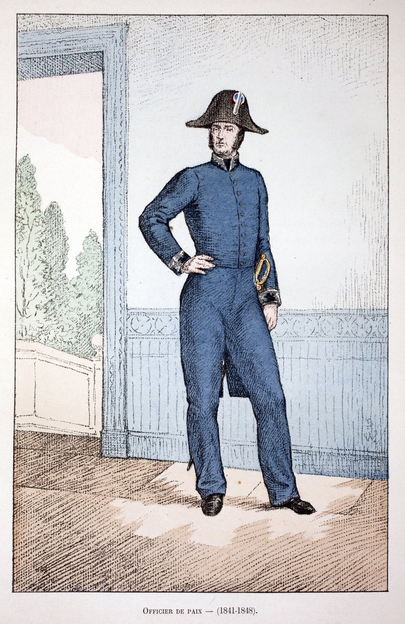 Oficial de Paz (1841-1848). Ilustración de “Histoire du corps des gardiens de la paix” libro publicado bajo los auspicios de Louis Lepine (1846-1933), prefecto de policía de la Seine, por Alfred Rey (1864-?) y Louis Feron (1862-?) de Unknown artist