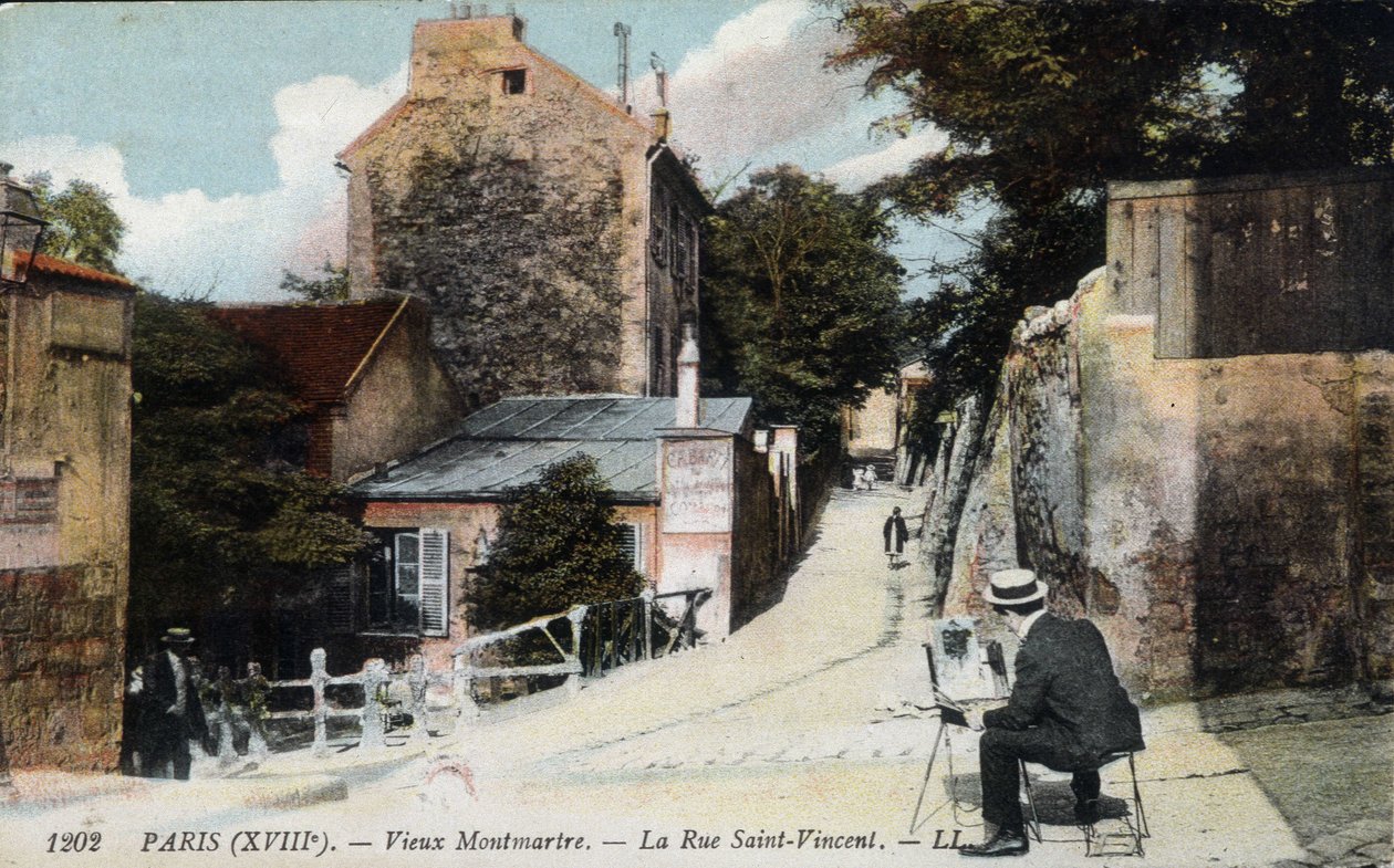Viejo Montmartre: un pintor en la calle San Vicente. En naranja el cabaret "El Conejo Ágil" - Tarjeta postal, deb. siglo XX. de Unknown Artist