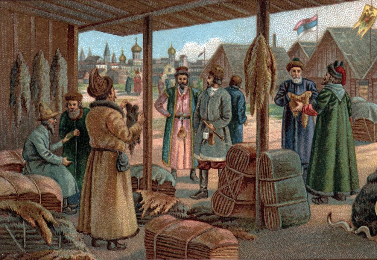 Antiguos centros comerciales: Feria de pieles en Novgorod (Veliky Novgorod), Rusia en el siglo XIX. Cromolitografía de finales del siglo XIX. de Unknown artist