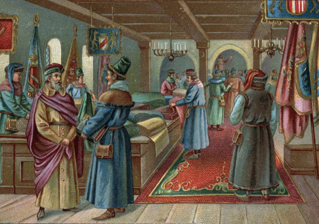 Antiguos centros comerciales: mercado de lino en Brujas, Bélgica en el siglo XV. Cromolitografía de finales del siglo XIX de Unknown artist