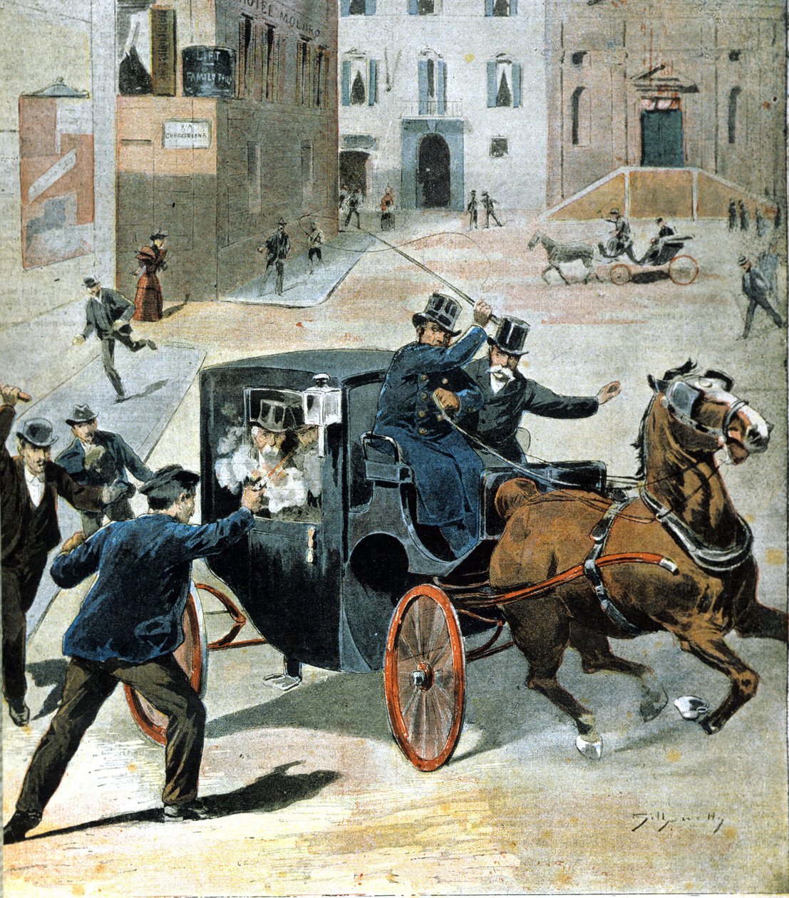 El 16 de junio de 1894, en Roma, el anarquista Paolo Lega disparó un revólver a Francesco Crispi, Presidente del Consejo Italiano. Ilustración de la época de Unknown artist