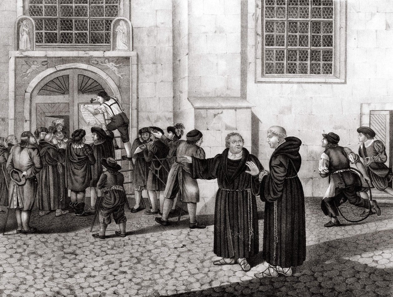 El 31/10/1517, Lutero publicó en las puertas del Castillo de Wittenberg sus 95 tesis denunciando la venta de indulgencias, lo que marcó el inicio de la Reforma - grabado. de Unknown artist