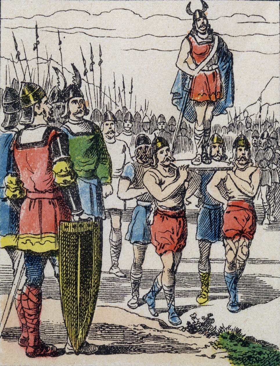 A la muerte de Childerico I, su hijo Clodoveo fue elegido rey por los francos salios que lo llevaron sobre el baluarte mientras recorrían el campamento (grabado) de Unknown artist