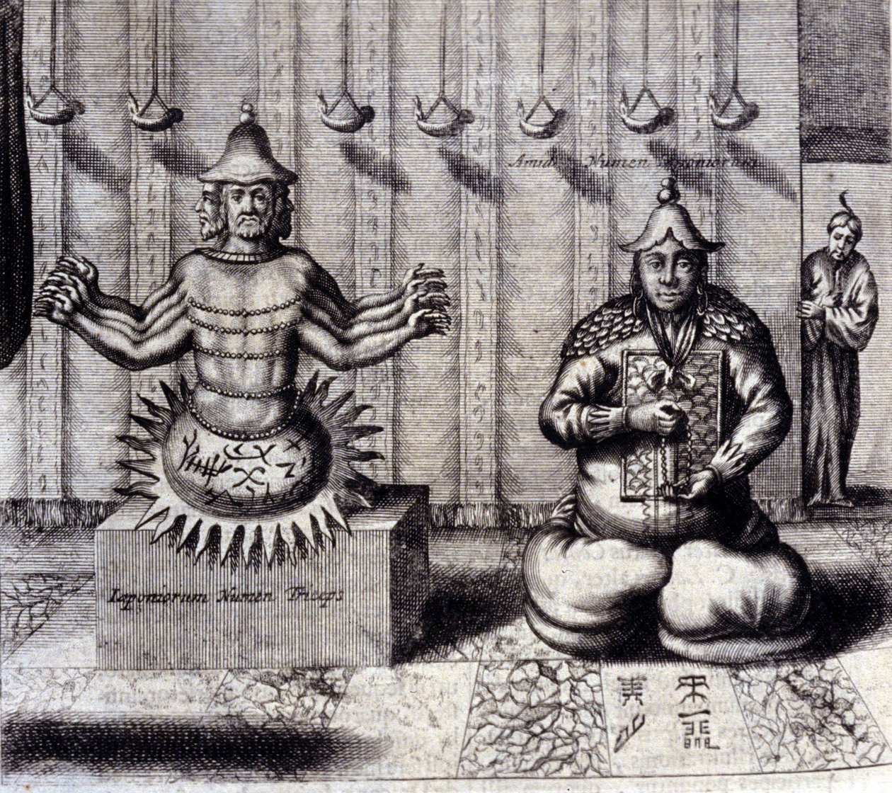 A la izquierda, deidad hindú con ocho brazos, a la derecha Amida, Buda japonés. “De China Monumenta” de Athanasius Kircher (1601 - 1680), jesuita, orientalista y erudito alemán, Ámsterdam 1667. de Unknown artist