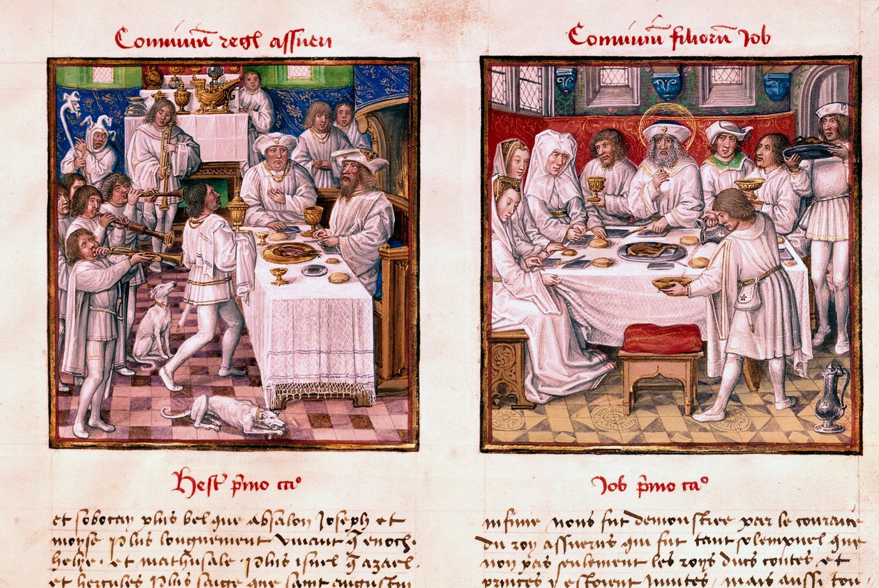 A la izquierda la fiesta de Asuero I (Jerjes I). A la derecha, la fiesta de los hijos de Job. Miniatura del manuscrito “El Espejo de la salvación humana” siglo XV Chantilly, museo Condé de Unknown artist