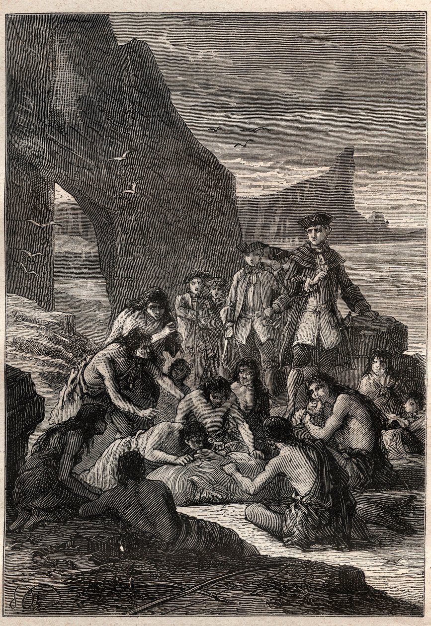 Uno de ellos descuartizado con los dientes: Vicealmirante John Byron (1723-1786) en una de las islas del Estrecho de Magallanes - los fueguinos (habitantes de Tierra del Fuego) descuartizan con sus dientes una ballena que había sido arrastrada y petrificad de Unknown artist