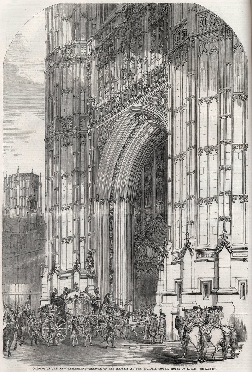 Apertura del nuevo parlamento - llegada de su majestad a la torre Victoria, Cámara de los Lores 1852 de Unknown artist