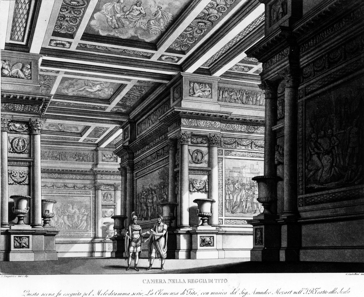 Ópera: "La Clemenza di Tito", música de Mozart, en la Casa de Milán - grabado en "Escenas teatrales milanesas" de Unknown artist