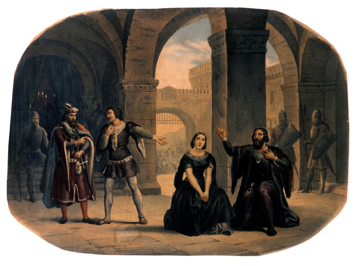 Escena de ópera "I vespri siciliani" (Las vísperas sicilianas) compuesta por Giuseppe Verdi. Cromolitografía de finales del siglo XIX de Unknown artist