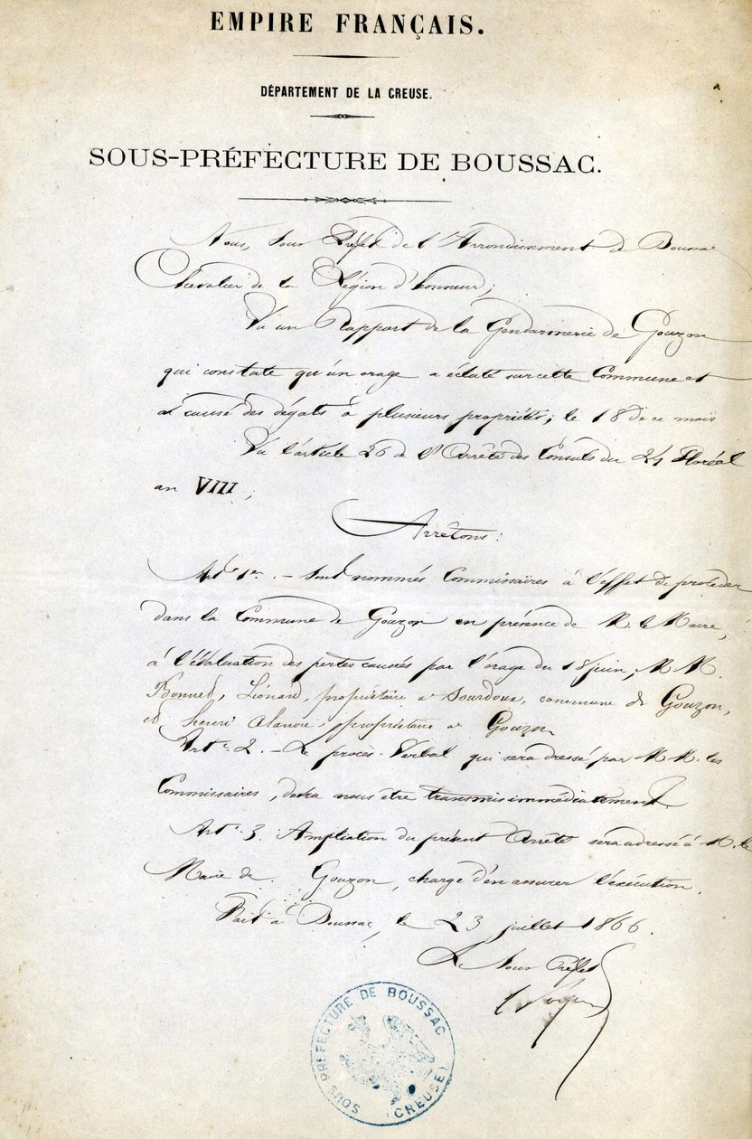 Orden de la Subprefectura de la Creuse (Arrondissement de Boussac) del 23 de julio de Unknown artist