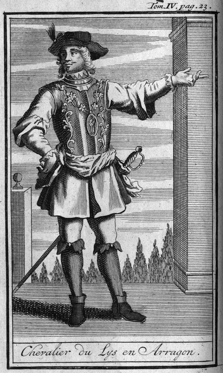 Órdenes de Caballería. Caballero de la Orden del Lirio en Aragón en el siglo XV. En "Historia de órdenes militares o caballeros, de las milicias seculares y regulares de ambos sexos, que se han establecido hasta ahora. Edición tomada de Abbe Giustiniani, R de Unknown artist