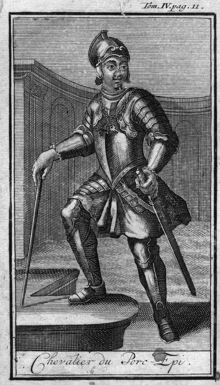 Órdenes de Caballería. Caballero de la épica Cerdo o Camail. En “Historia de las órdenes militares o caballeros, de las milicias seguras y rutinarias de ambos sexos, que se han establecido hasta ahora. Edición tomada de Abbe Giustiniani, R.P.Bonani, M. Her de Unknown artist