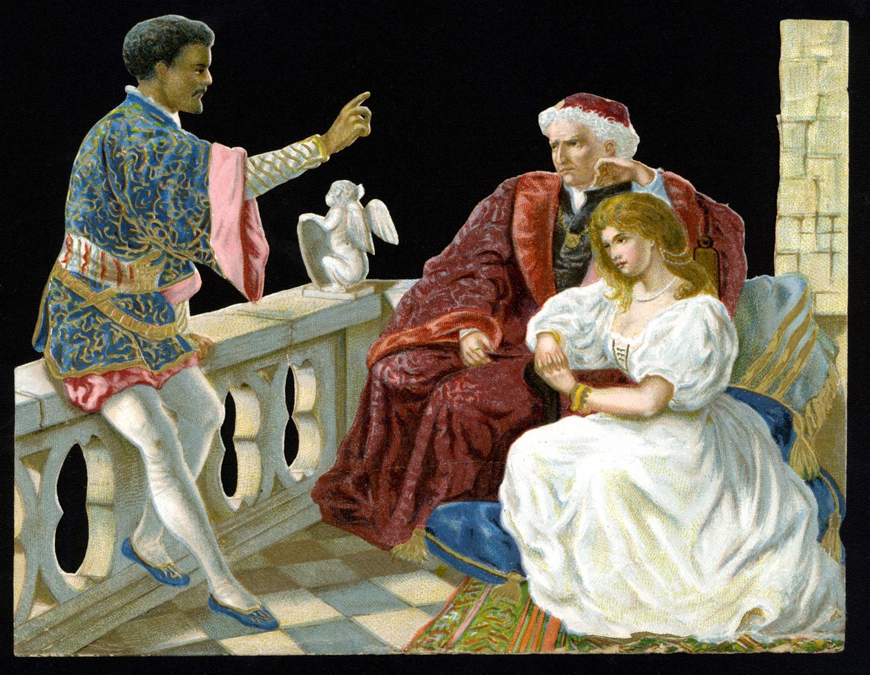 Othello, Desdémona e Iago - en Othello o el Moro de Venecia de Shakespeare (1604). de Unknown artist