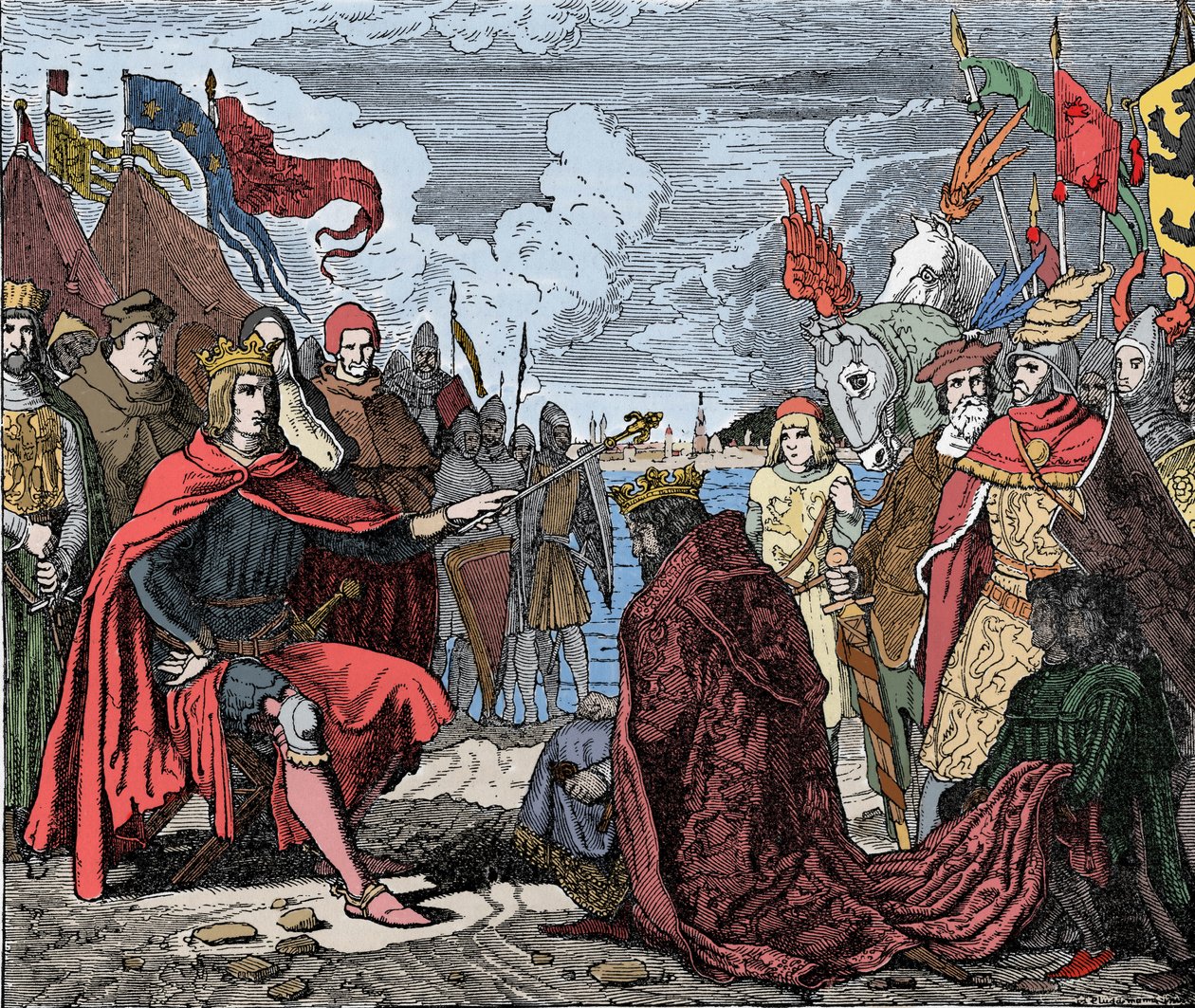 Ottokar II (1230-1278) homenaje a Rodolfo I - Ottokar II (1233-1278) rey de Bohemia, rinde homenaje a Rodolfo I del Sacro Imperio (o Rodolfo IV de Habsburgo) (1218-1291), después de la Batalla de Marchfeld, en 1278 de Unknown artist
