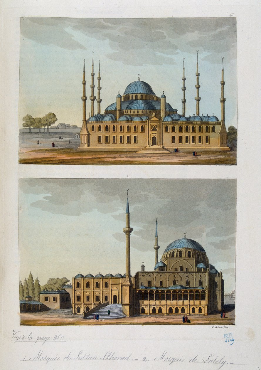 Imperio Otomano: Mezquita Azul (o Sultanahmet Camii) construida por el sultán Ahmet I y Mezquita de Laleli en Estambul - en "El traje antiguo y moderno" de Ferrario, ed. Milán de Unknown artist