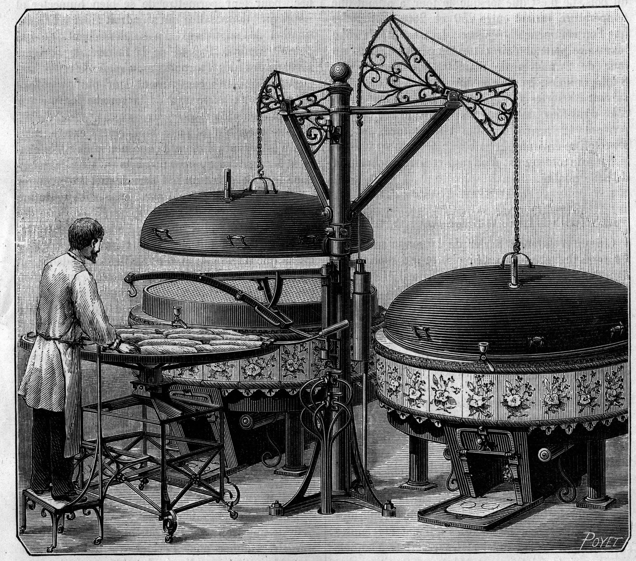 Hornos de la panadería mecánica de la Avenida de la Ópera, en París. Grabado en “La Nature: revue des sciences et de leurs aplicaciones aux arts et a l