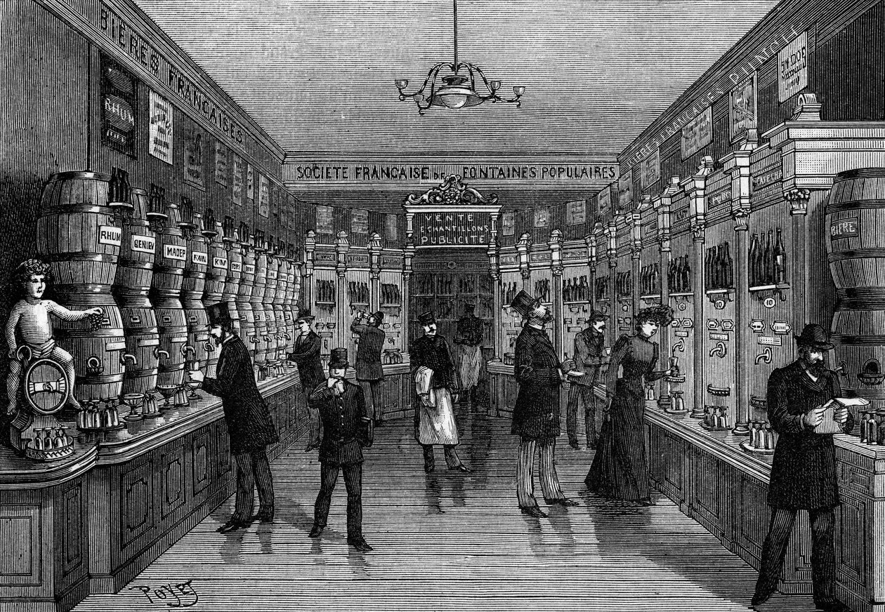 Vista de un bar con máquinas expendedoras, rue Montmartre, en París. Grabado en “La Nature: revue des sciences et de leurs applications aux arts et a l