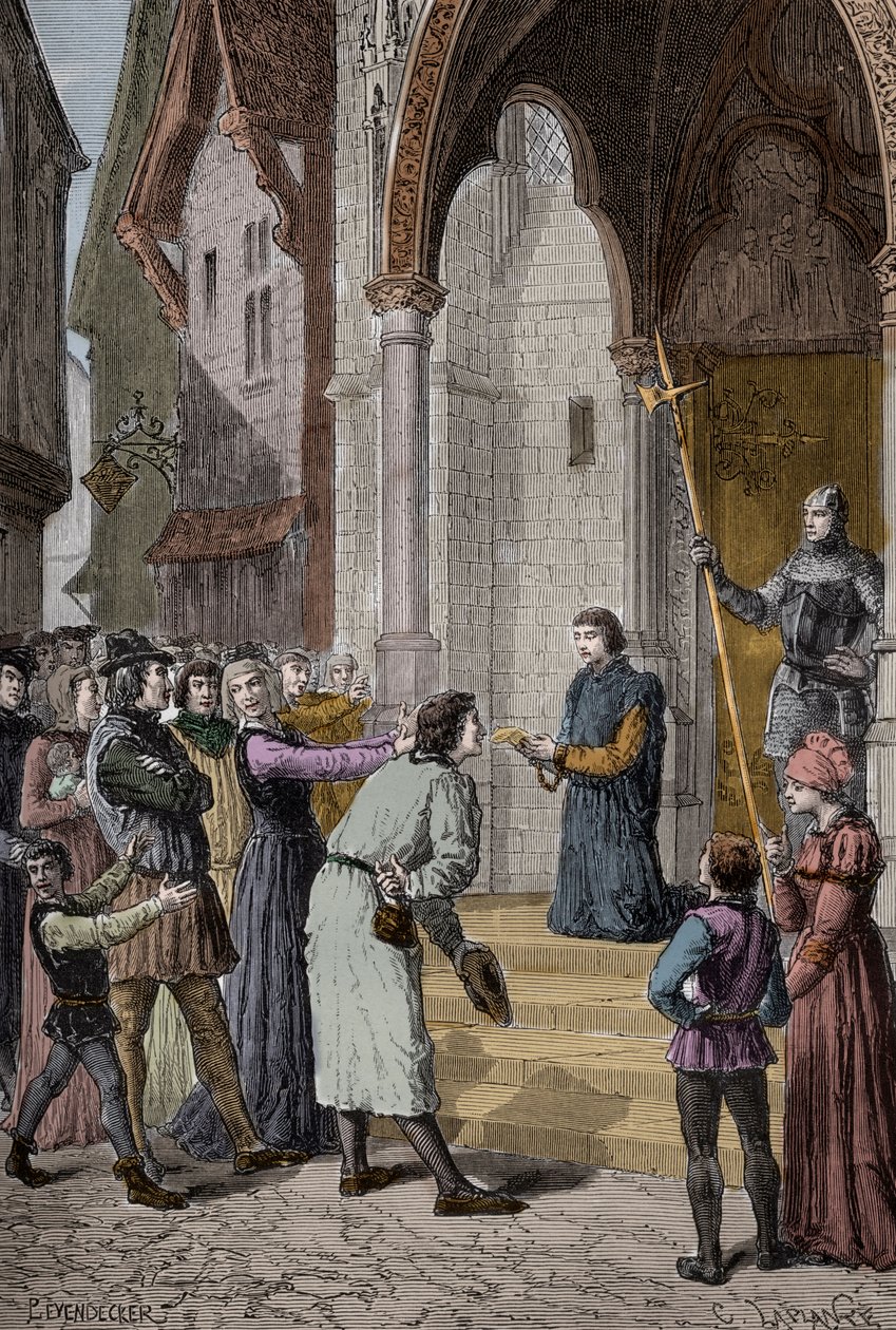 PERKIN WARBECK (c1474-1499) impostor flamenco; profesó ser Ricardo, Duque de York, segundo de los hijos de Eduardo IV - Leyendo su confesión fuera del Westminster Hall, Londres de Unknown artist