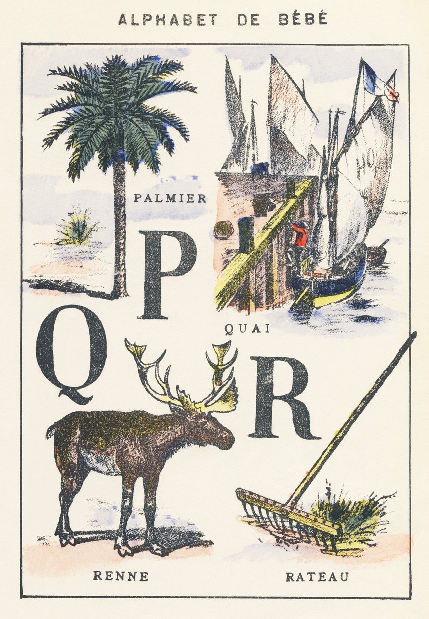P Q R: palmera, muelle, reno, rastrillo de Unknown artist