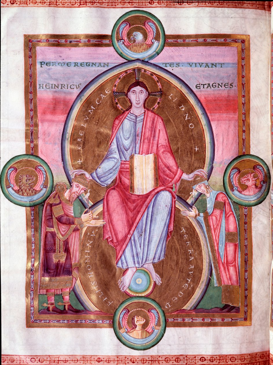 Página de la Biblia del Emperador: Cristo rodeado por el tetramorfo, entre el emperador Enrique III y su esposa Inés de Poitou de Unknown artist