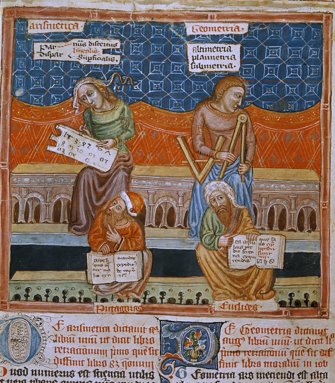 Página de un manuscrito que representa las alegorías de la Aritmética y la geometría (manunscrito) de Unknown artist